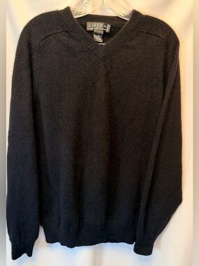 Giasone Men’s Size Large 100% Cashmere Black V-Neck Sweater 2-Ply Classic Knit